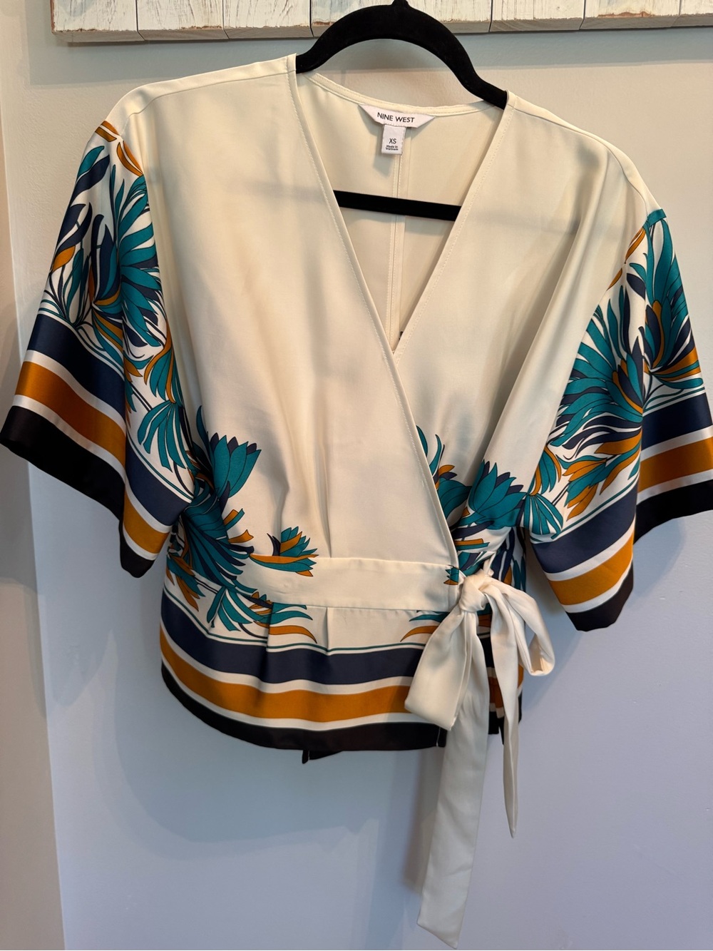 Nine West Floral Wrap Blouse in Cream & Teal